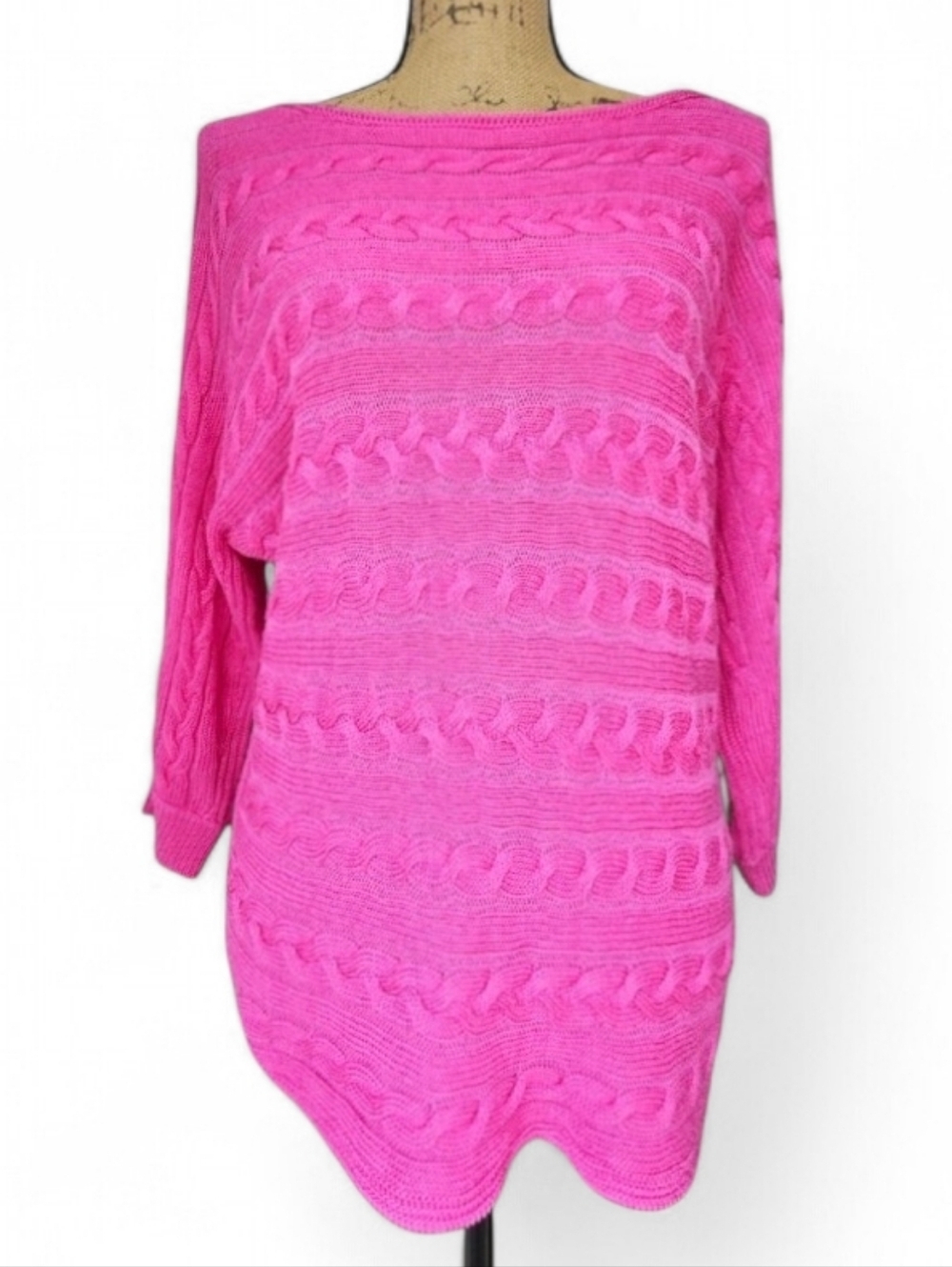 Lauren Ralph Lauren Pink Cable Knit Sweater Boat Neck 3/4 Sleeve Chunky Knit, PL